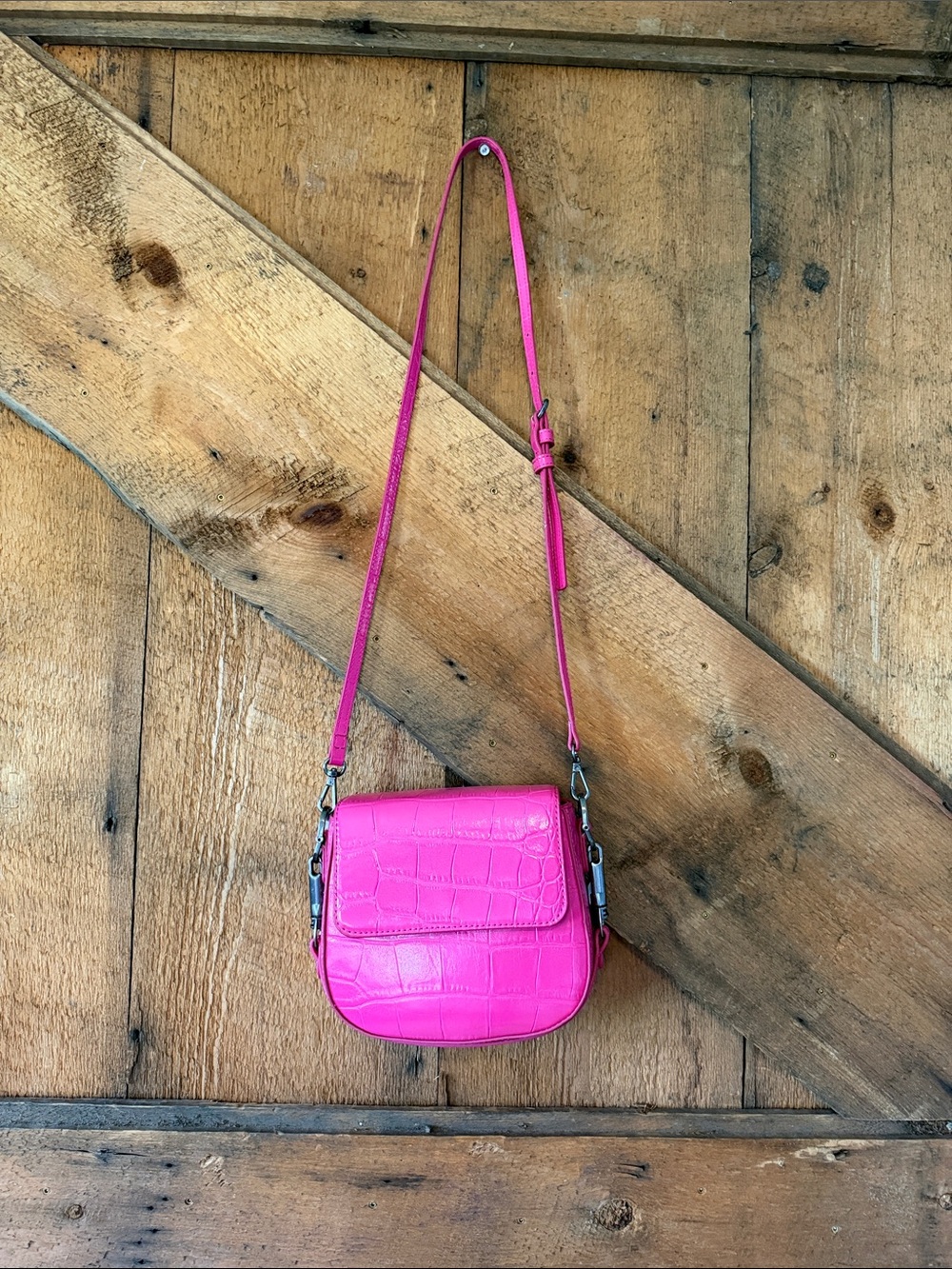 Zara Hot Pink Croc-Embossed Crossbody Bag